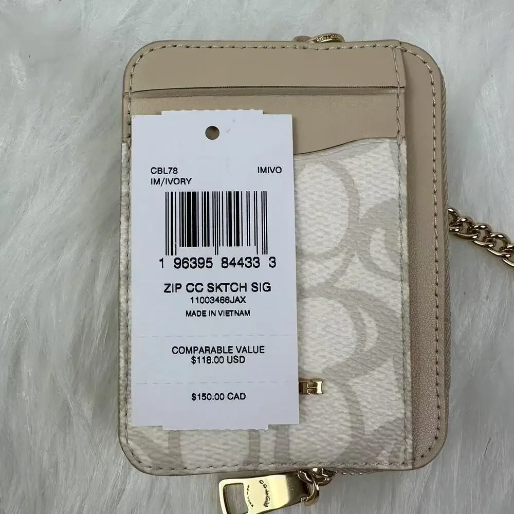 Coach Zip Card Case In Sketch Signature Canvas CBL78, Gold/Ivory NWT